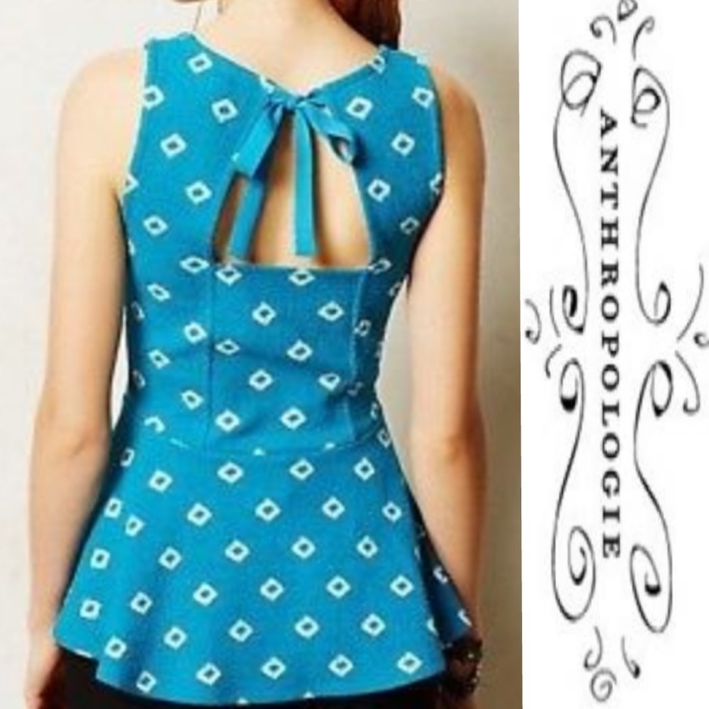 ANTHRO TEAL PATTERNED PEPLUM RIBBON LARGE TANK